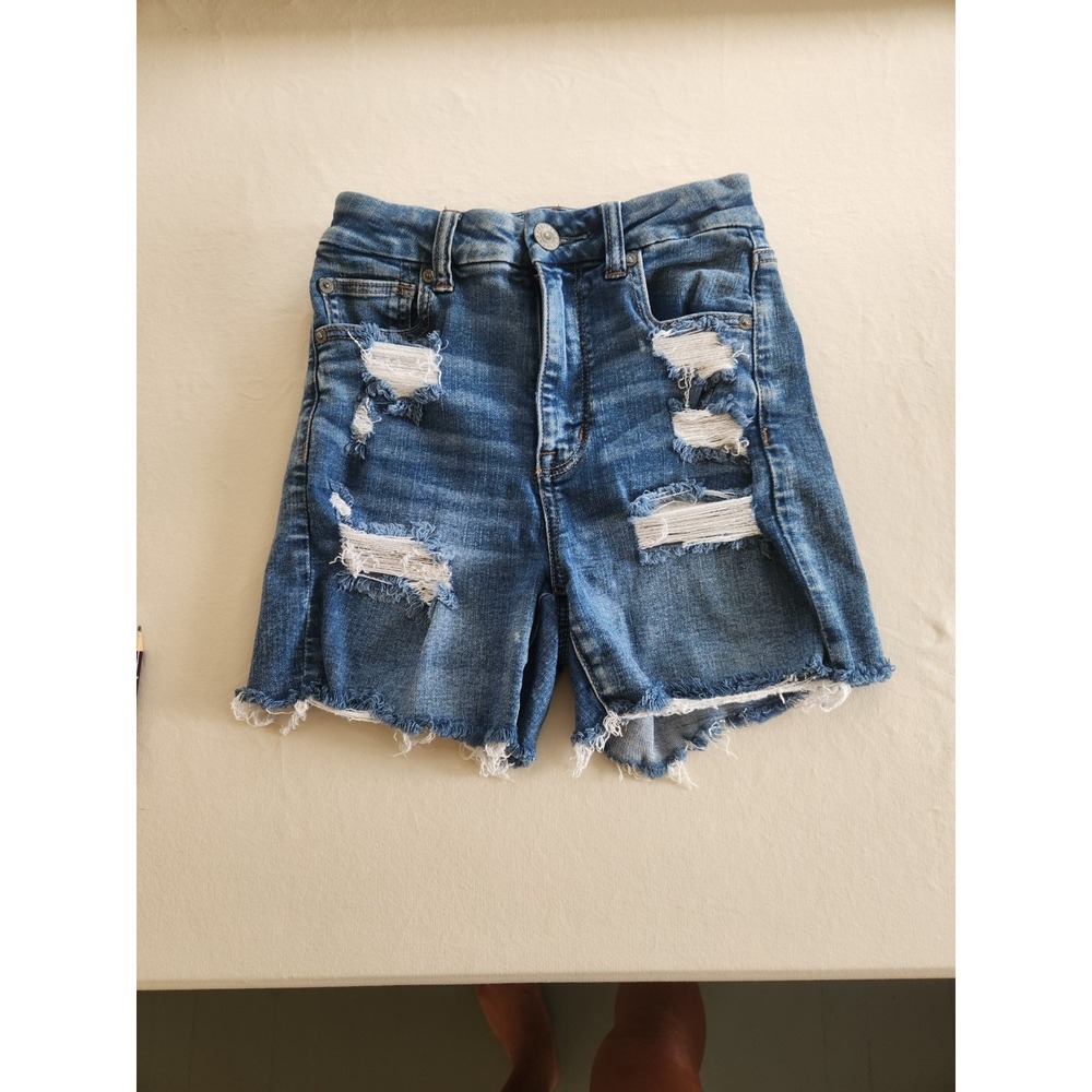 American Eagle Medium Wash Distressed High Rise Shortie Jean Shorts 2 Y2K